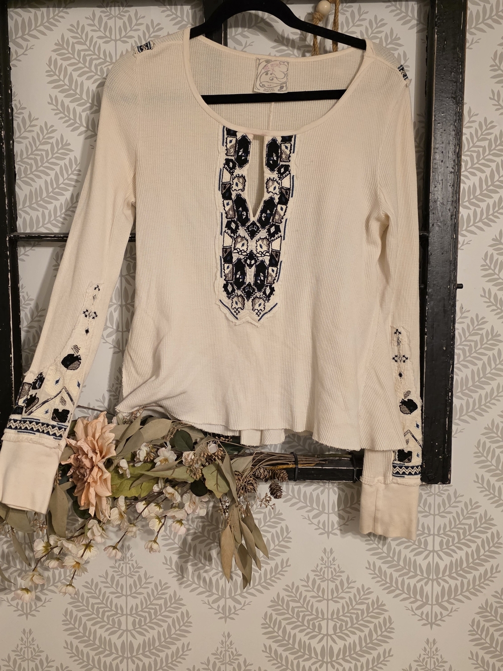Free People Cream Long Sleeve Embroidered Scoop Neck Top with Navy Accents